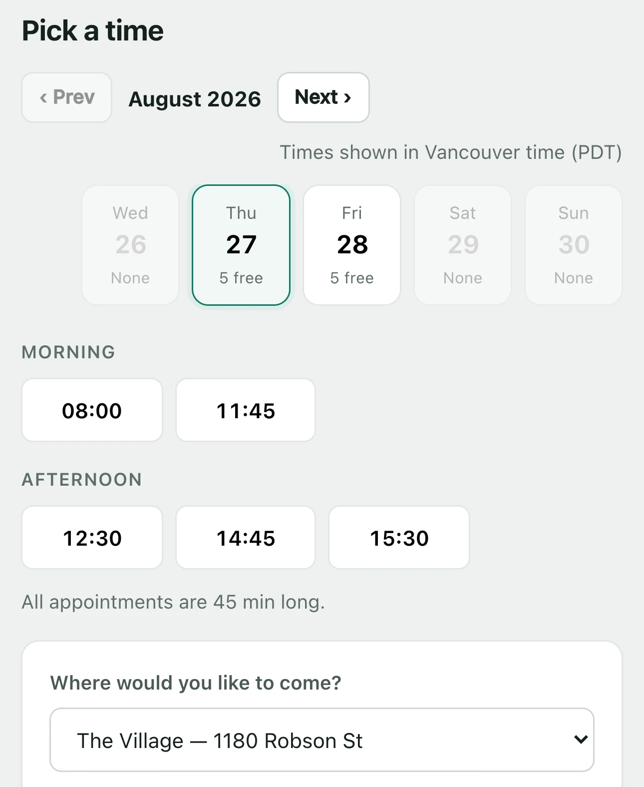 Choosing a time on the public booking page: free slots grouped into morning and afternoon.