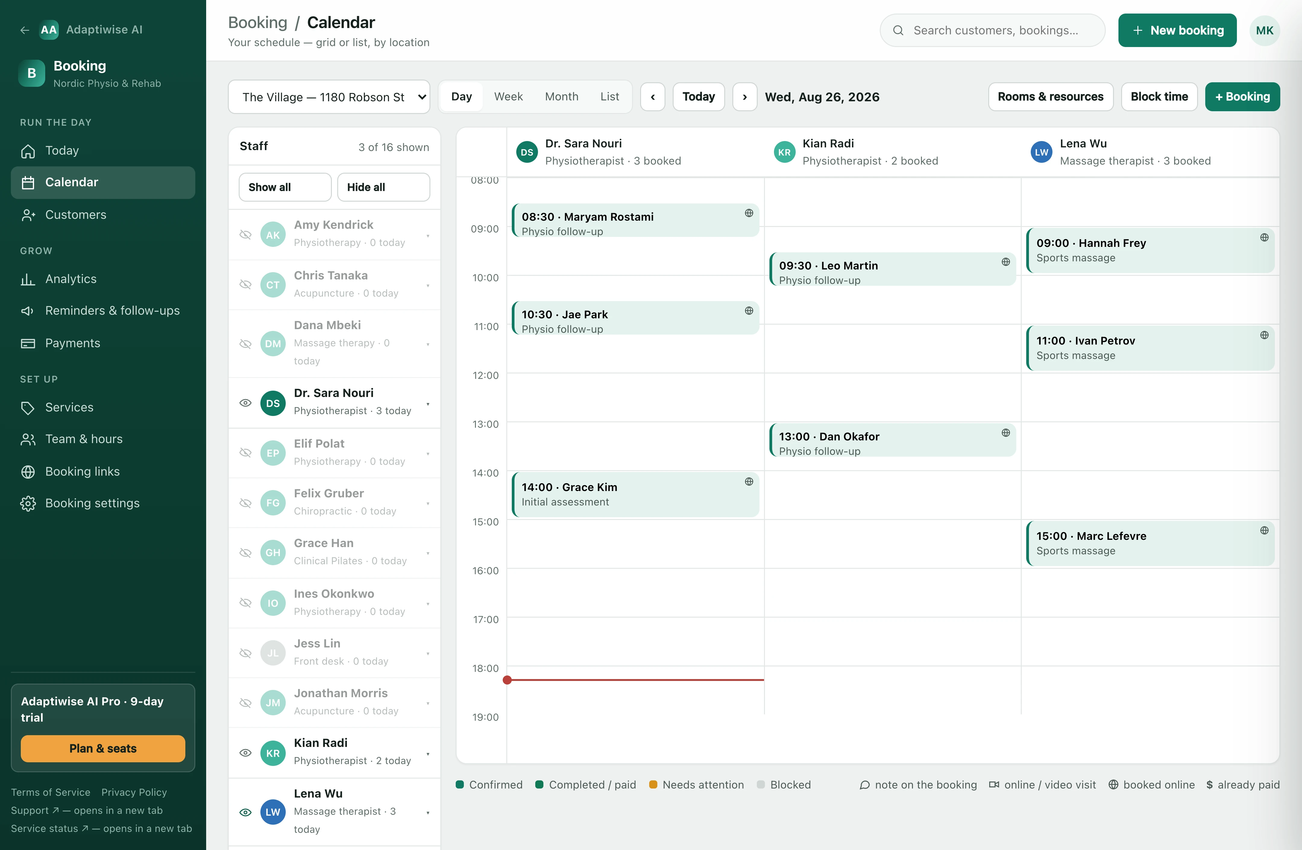 The calendar in day view: three practitioners as columns, appointments coloured by state, and a legend beneath.