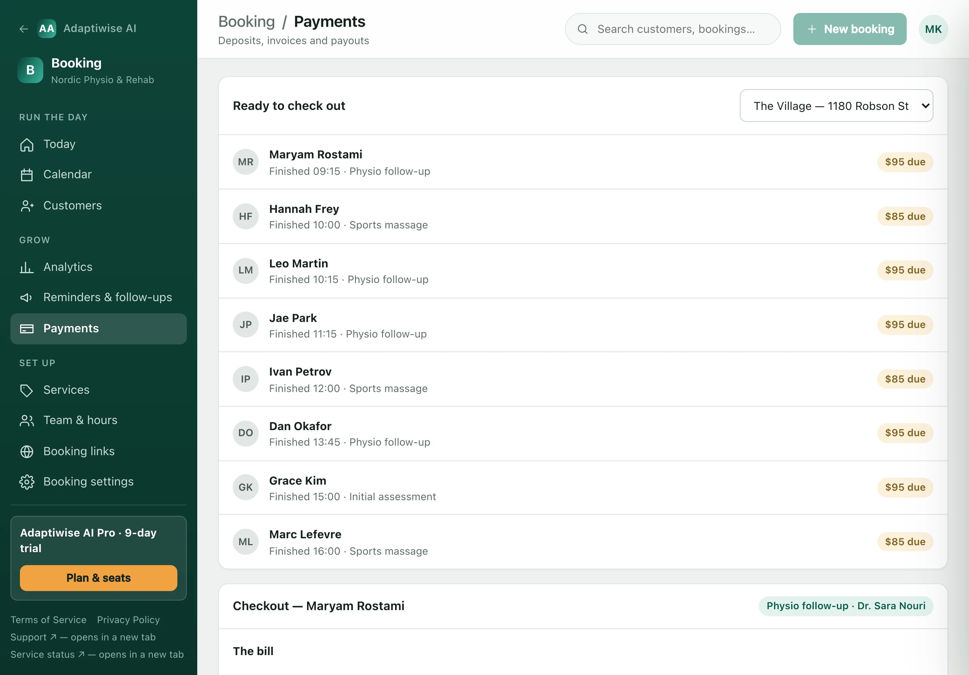 The Payments screen: everyone who has finished today and what each of them still owes.