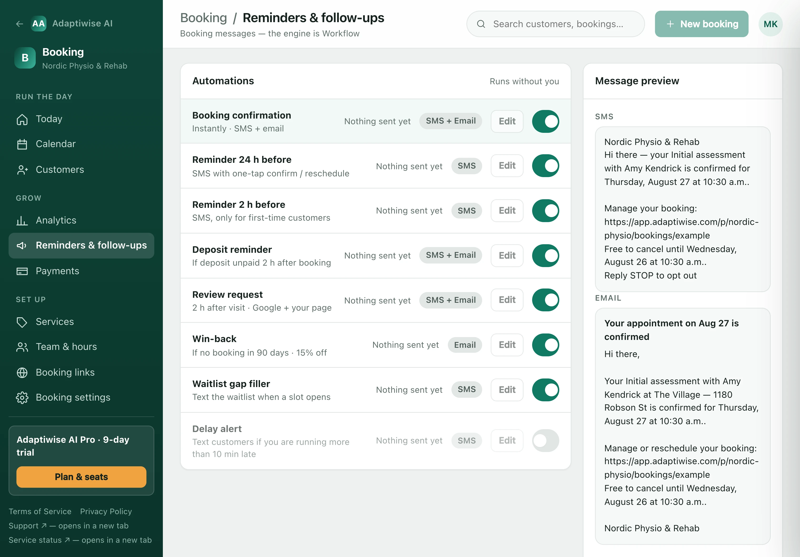 The Reminders screen: the eight automations with their switches, beside a preview of the SMS and the email that go out.